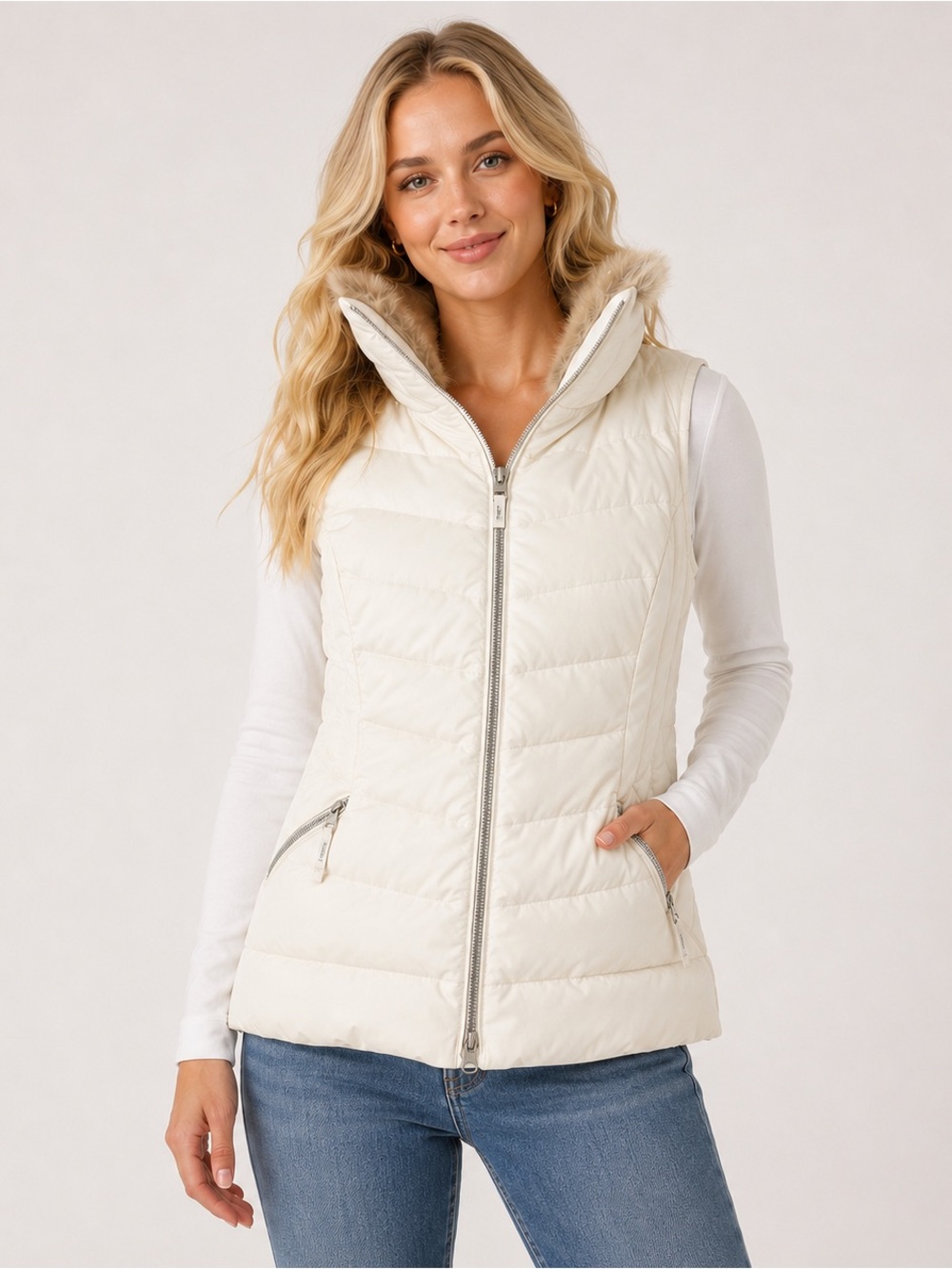 Talbots Cream Quilted Puffer Vest with Faux Fur Trim Size Large Petite - Picture 11 of 11